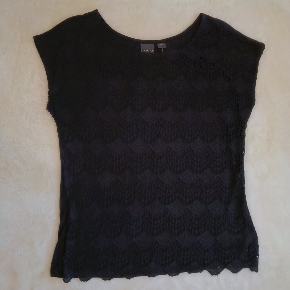 Covington Womens Adorable 🌷"Missy" Black Crochet Short Sleeve Lace Shell Top 🍃